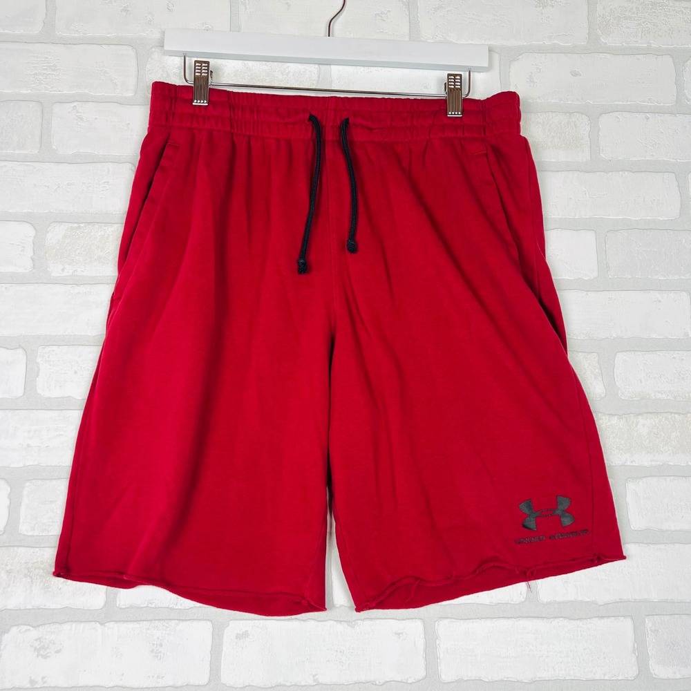 Under Armour Mens Red Fleece Sweat Shorts Raw Hem XL Pockets Drawstring Logo
